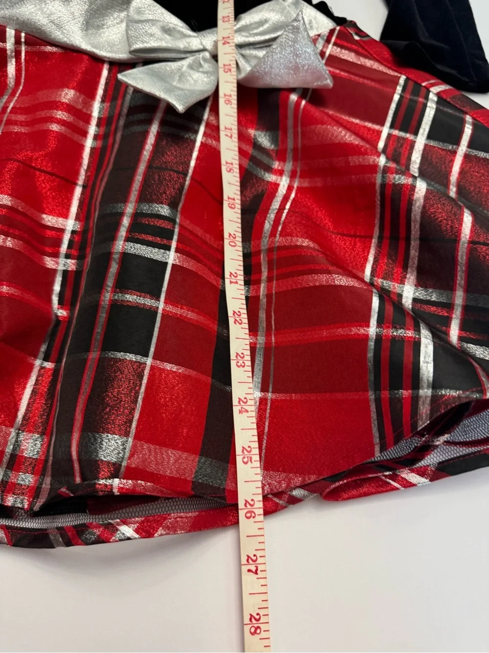 Bonnie Jean Black Velvet Top Red Plaid Skirt Dress with Silver Bow